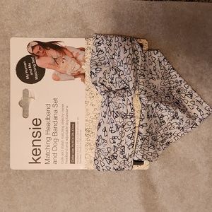 NEW Kensie Dog Bandana Scarf and Matching Headband White with Black Hearts NWT